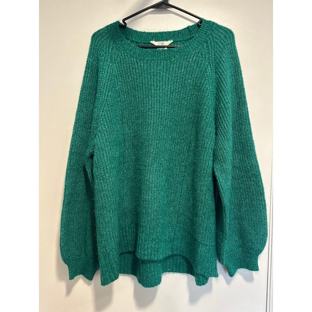 Terra & Sky Boho Shaker Stitch Knit Sweater Sz:1X Green Raglan Cozy Pullover